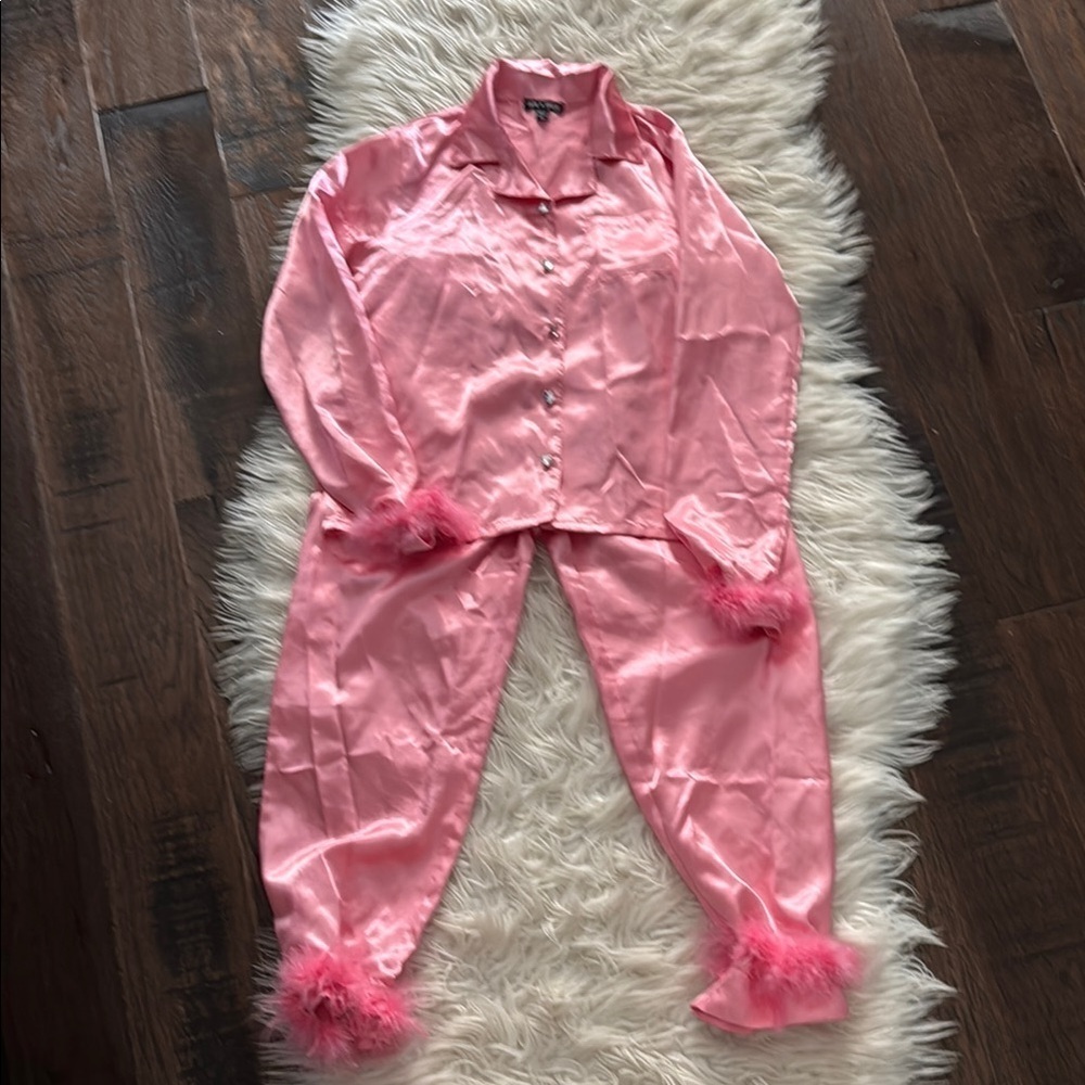 Adorable Pink Feather-Trim Silk Pajama Set